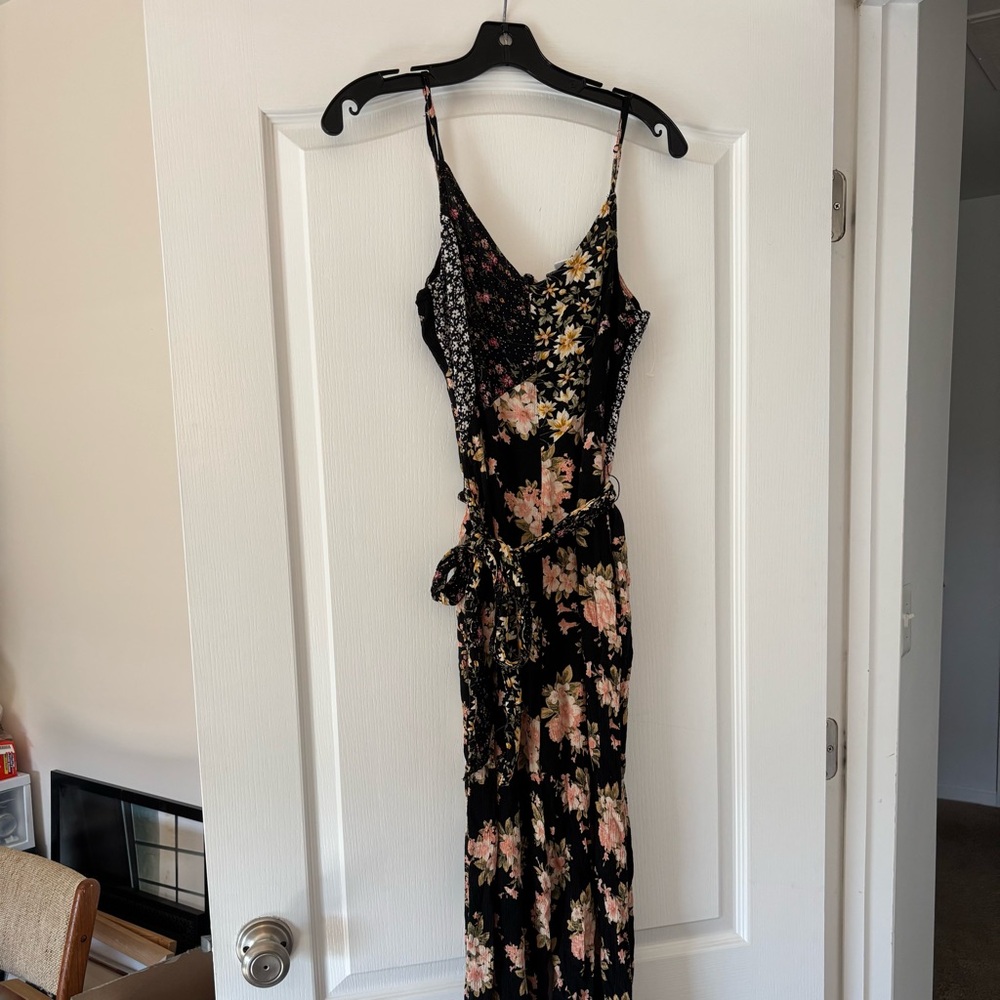 American Eagle Black Floral Mixed Boho Sleeveless Tie Waist Wide Leg Jumpsuit